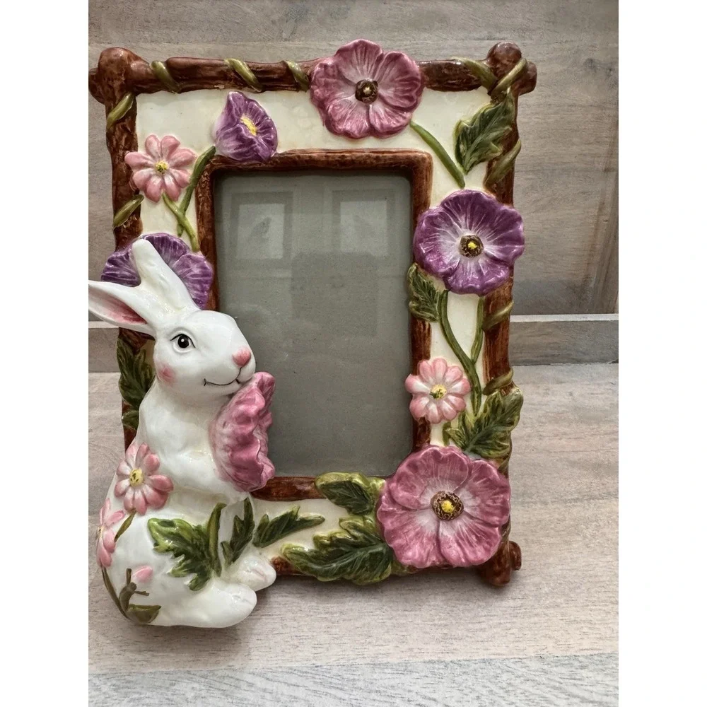 Ceramic 3D Floral Bunny Rabbit Photo Frame Easel Back Table Top Signature Home